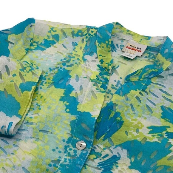 Ruby Rd Fav 3/4 Sleeve Button Front Burnout Shirt Teal‎ Yellow White Floral 10 - Picture 1 of 7